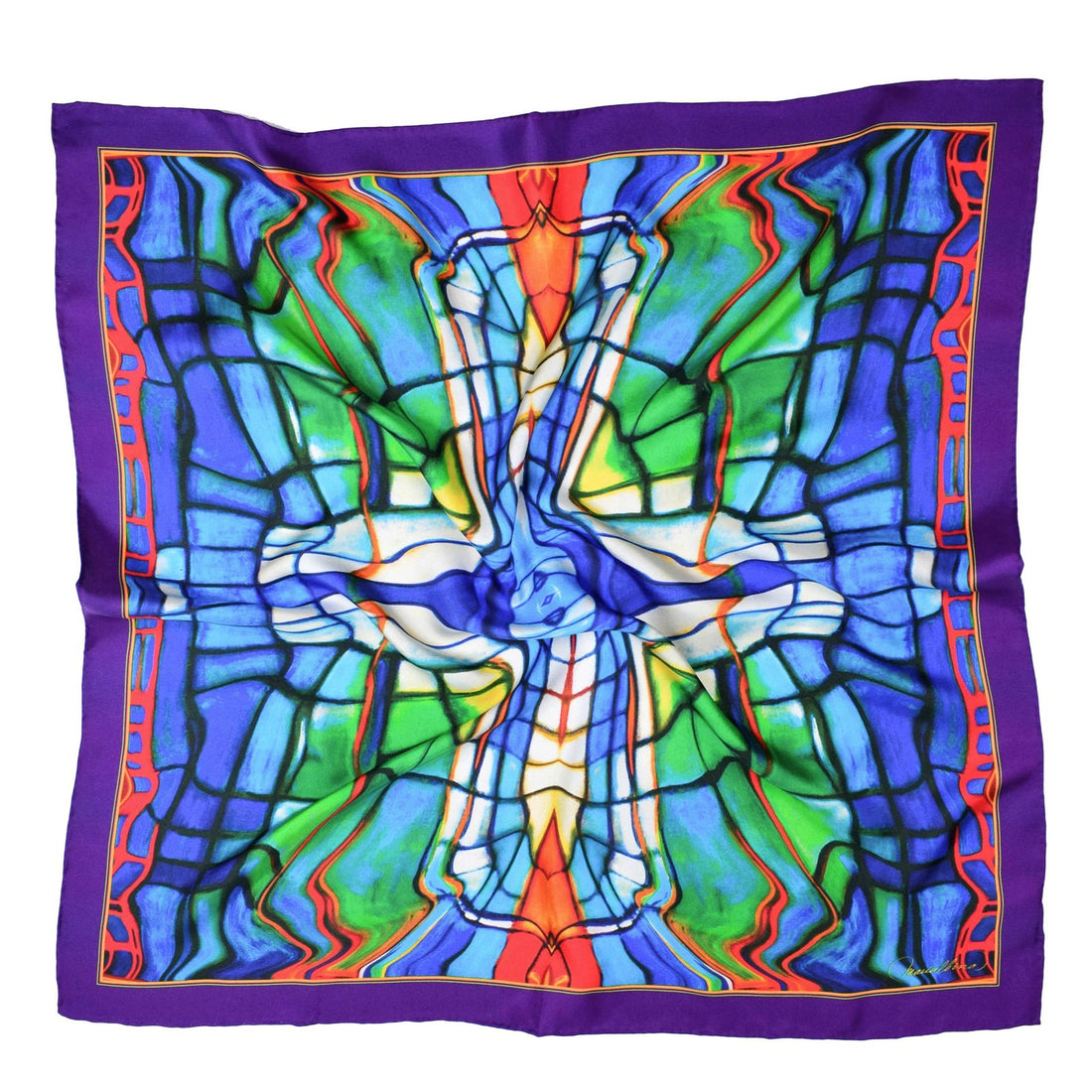 Art Deco Morado es un pañuelo colorido. Presenta tonos morado, azul y verde.