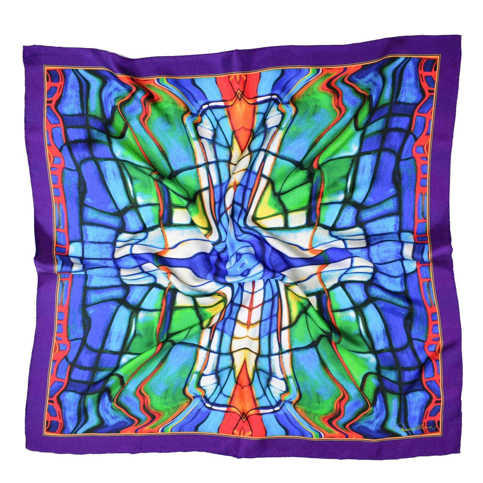 Art Deco Morado es un pañuelo colorido. Presenta tonos morado, azul y verde.