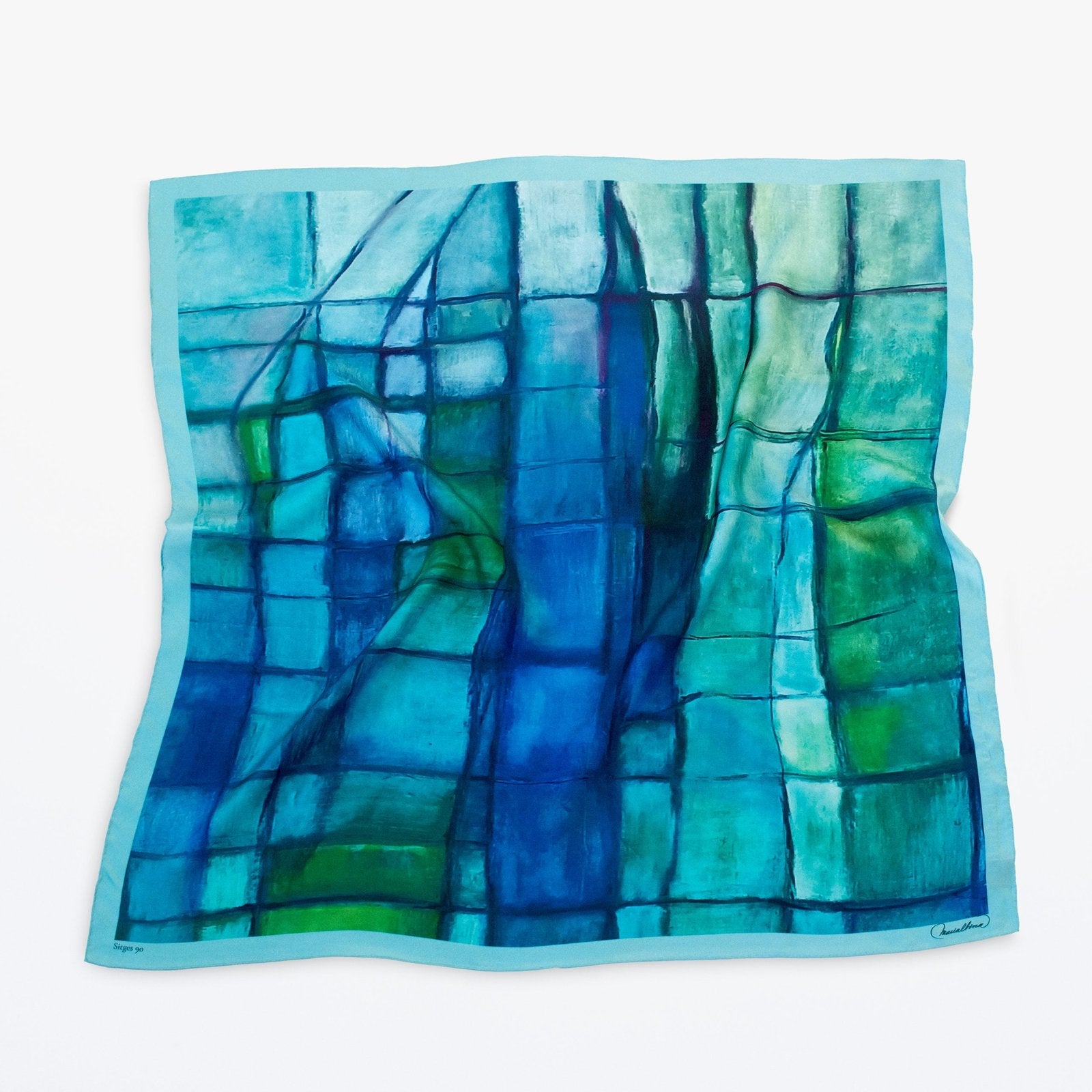 Bufanda abstracta en tonos azul-verde inspirada en Barcelona, una obra de arte en moda