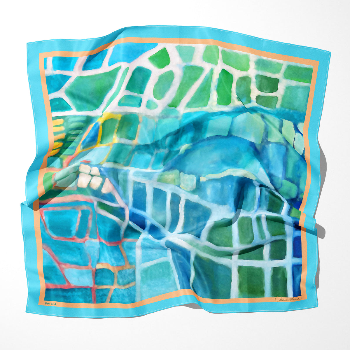Pañuelo de seda Pez Azul 70x70 inspirado en el trencadís de Gaudí