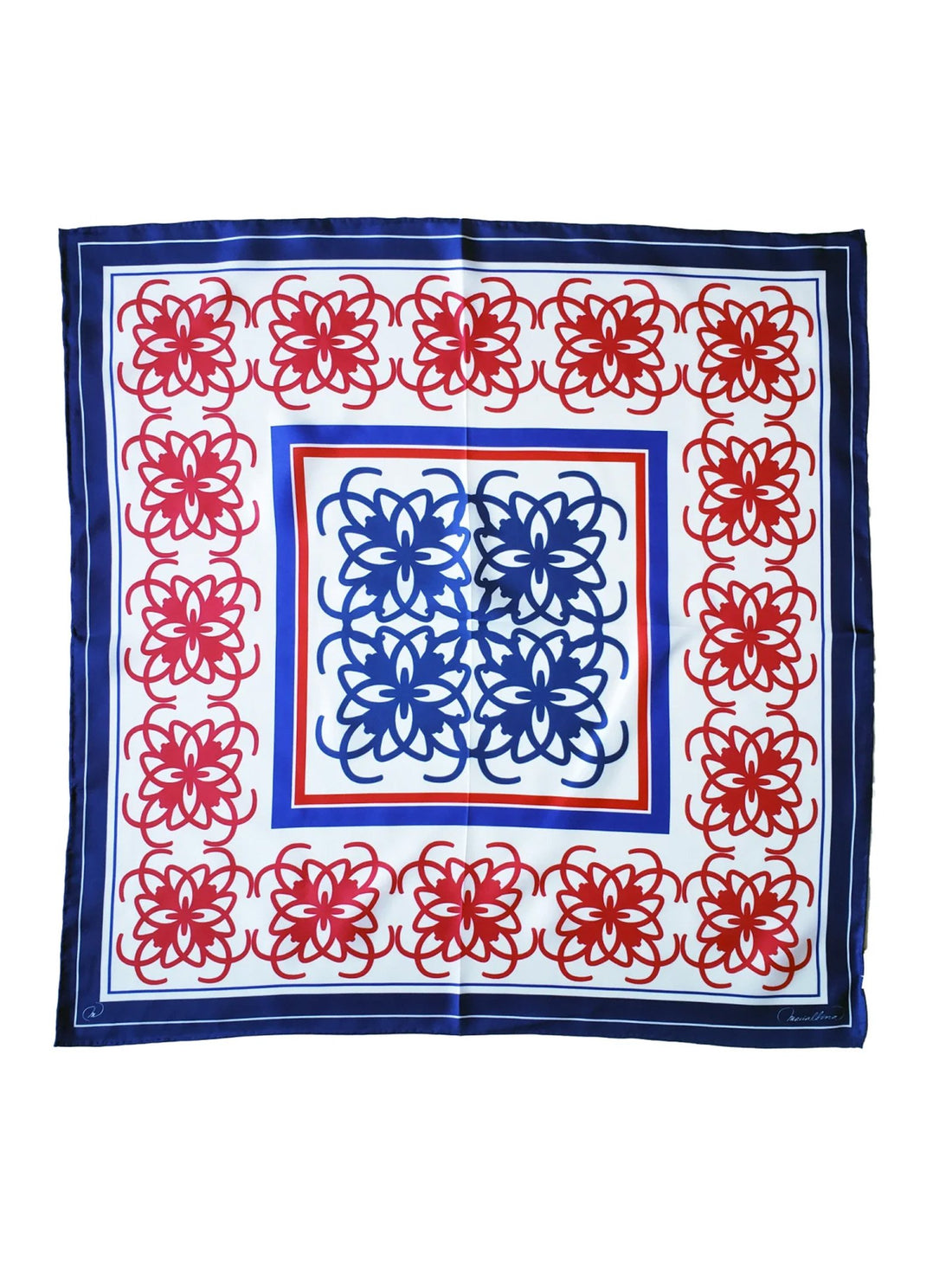 Este pañuelo de 60 cms presenta el logotipo anagrama en azul y rojo distribuido en forma de mosaico. surrounded by red and blue borders