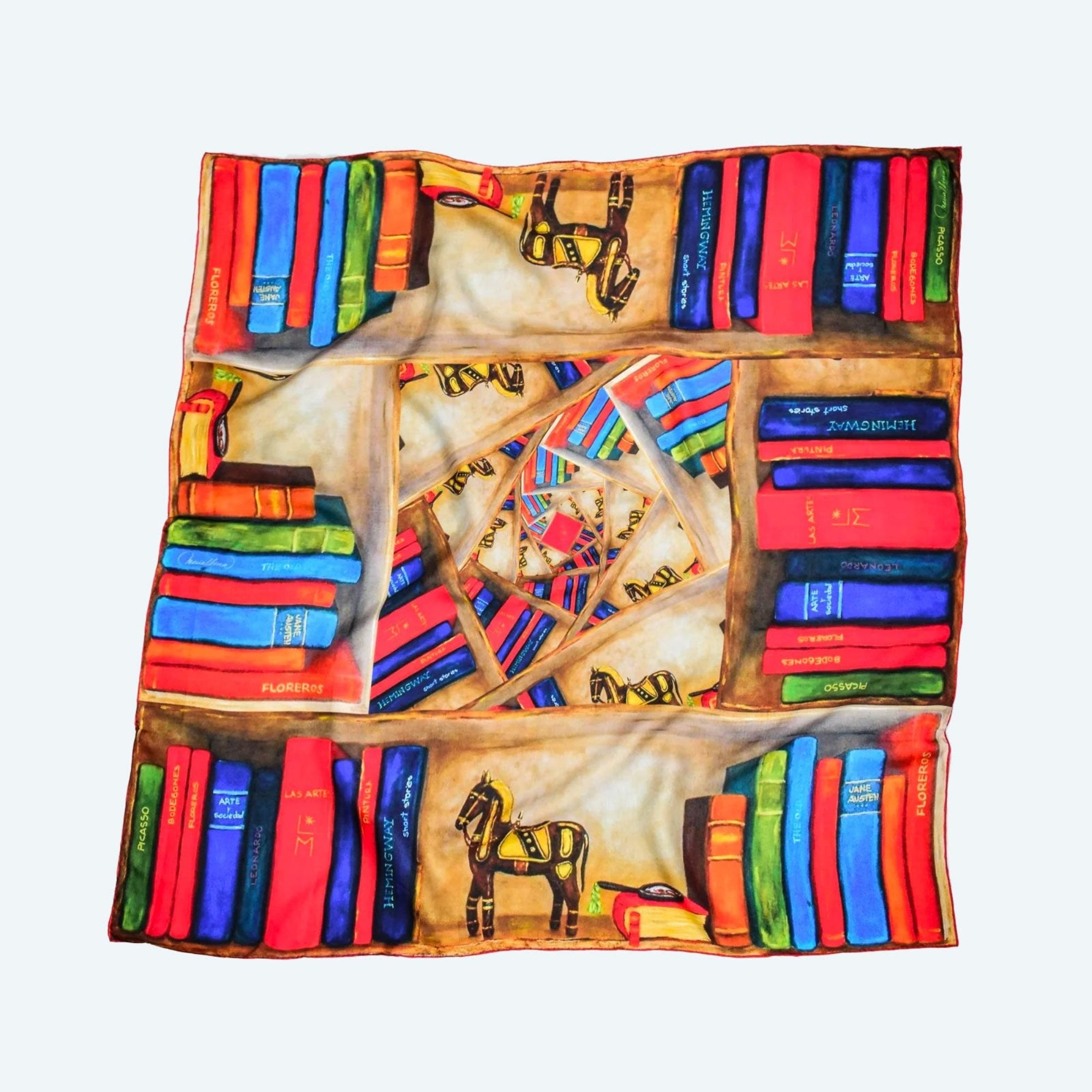 Pañuelo de Seda Cavallet Carré – Elegancia artística con un toque Fibonacci y encanto literario.