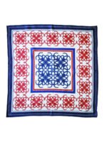 This 23 inches scarf has a blue and red anagram logo distributed in a tile-like way. surrounded by red and blue borders