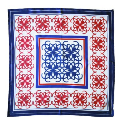 Este pañuelo de 60 cms presenta el logotipo anagrama en azul y rojo distribuido en forma de mosaico. surrounded by red and blue borders
