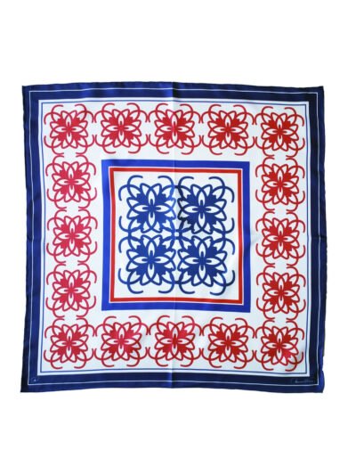 Roseta bandana red and blue This 23 inches scarf has a blue and red anagram logo distributed in a tile-like way. surrounded by red and blue borders